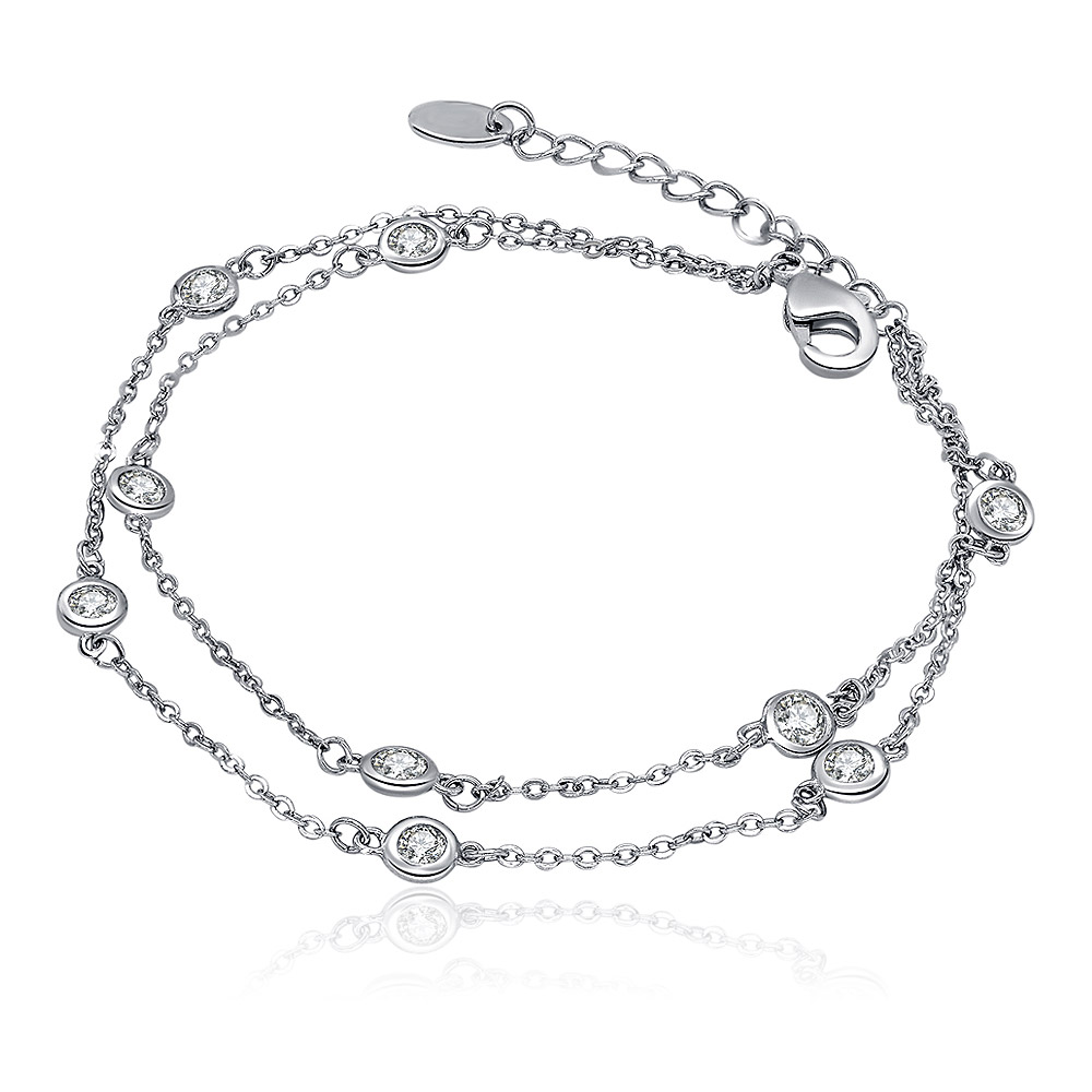 Round Bezel Set Link Chain 2 Row Bracelet